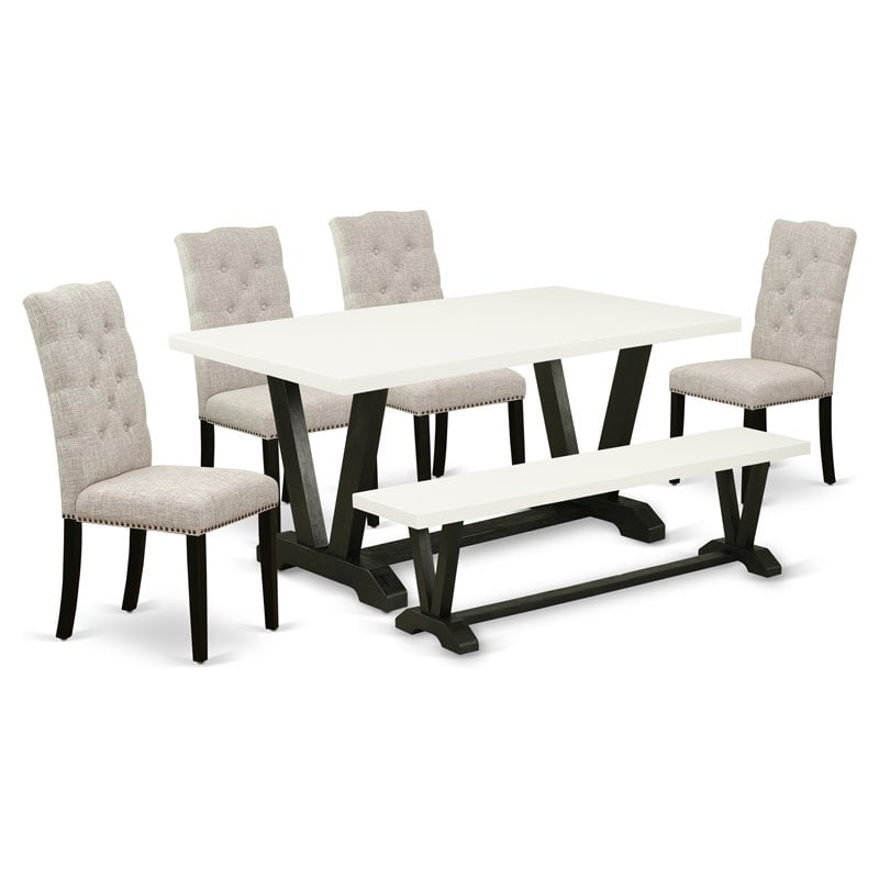 Pemberly Row 6-Piece Dining Set with Black Table Bench and Doeskin Chairs