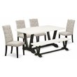 Pemberly Row 6-Piece Dining Set with Black Table Bench and Doeskin Chairs