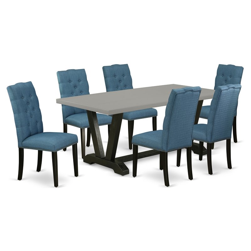 Pemberly Row 7-Piece Dining Set with Wood Table in Black and Cement Finish