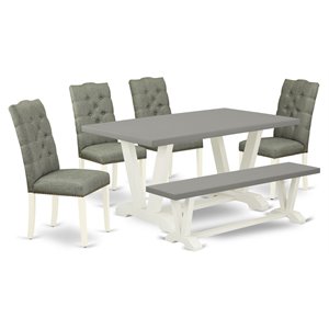 Pemberly Row 6-Piece Wood Dining Set in Linen White with Smoke Upholstery