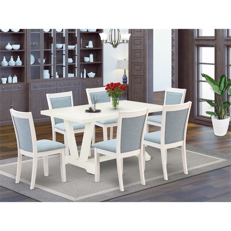 Pemberly Row 7-Piece Rubber Wood Dining Set in Linen White/Baby Blue