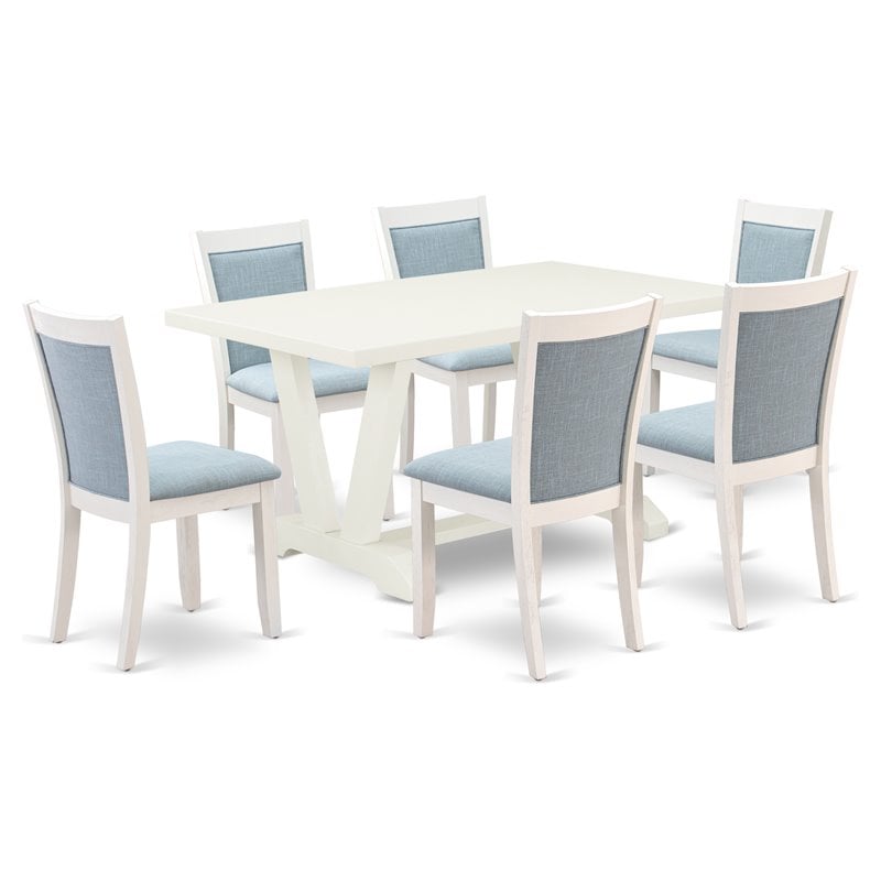 Pemberly Row 7-Piece Rubber Wood Dining Set in Linen White/Baby Blue