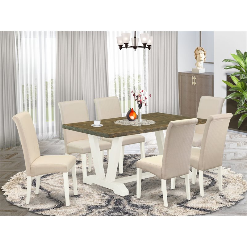 Pemberly Row 7-Piece Dining Table Set in Linen White & Cream
