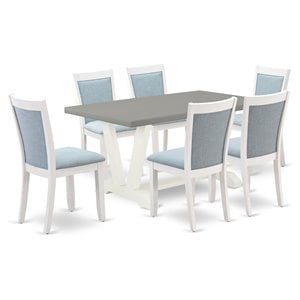 Pemberly Row 7-Piece Acacia Wood Dining Set with Cement Top and Blue Chairs