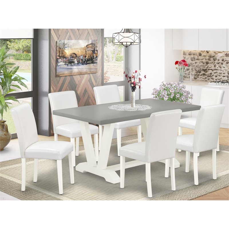 Pemberly Row 7-Piece Wood Dining Table Set in Linen White and Cement