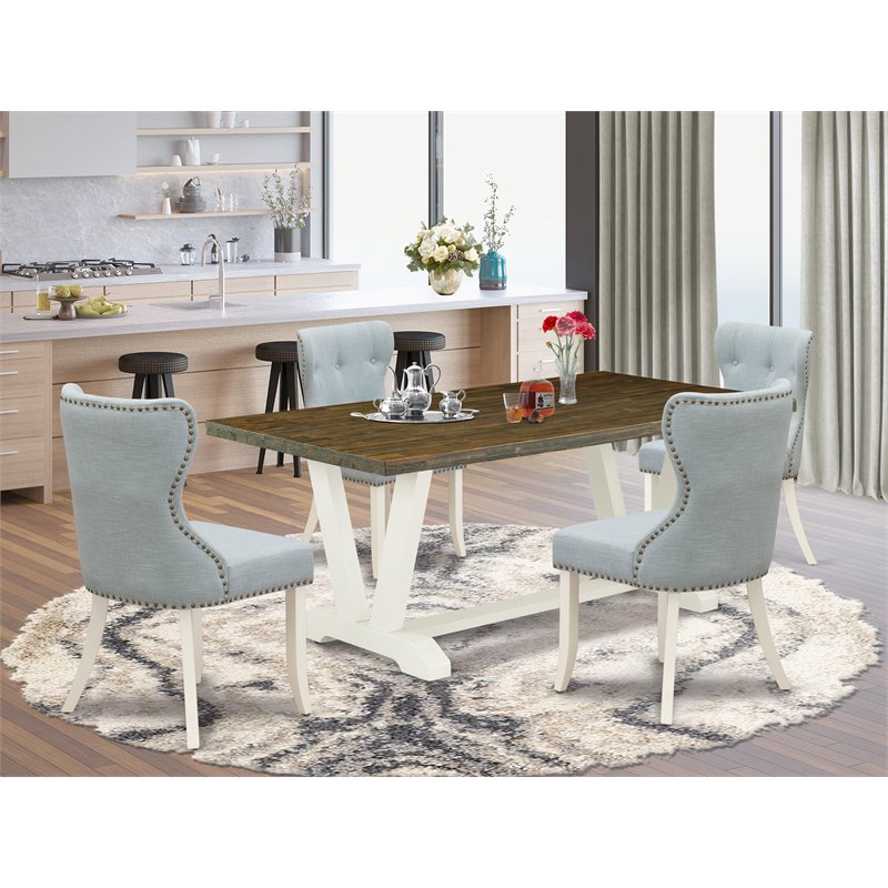 Pemberly Row 5-Piece Dining Set with Linen Chairs in Blue and White