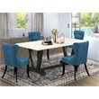 Pemberly Row 5-Piece Asian Wood Dining Set with Blue Linen Chairs