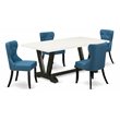 Pemberly Row 5-Piece Asian Wood Dining Set with Blue Linen Chairs