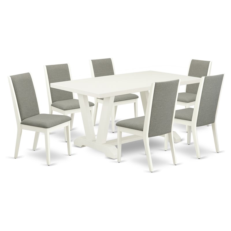 Pemberly Row 7-Piece Wood Dining Set in Linen White and Shitake Fabric