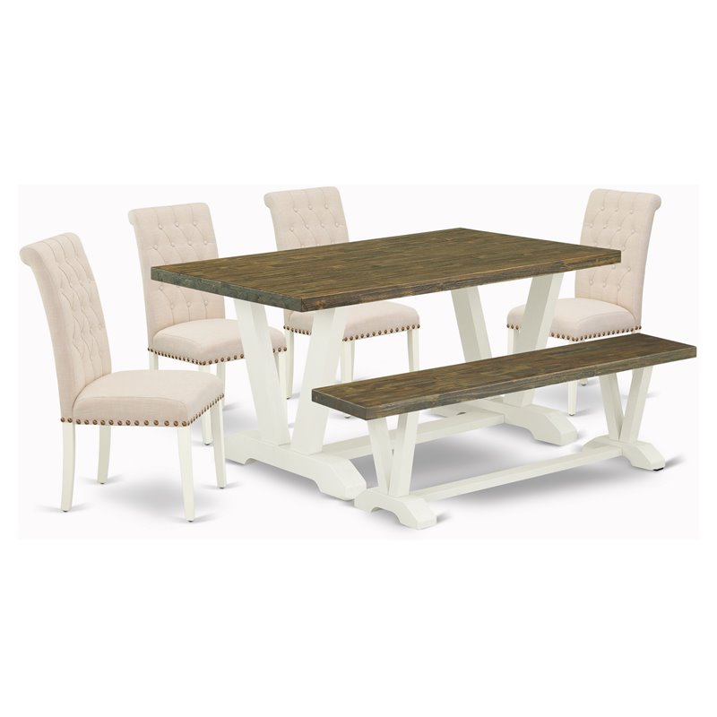 Pemberly Row 6-Piece Wood Dining Set with Bench in Jacobean and Linen