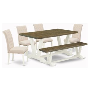 Pemberly Row 6-Piece Wood Dining Set with Bench in Jacobean and Linen