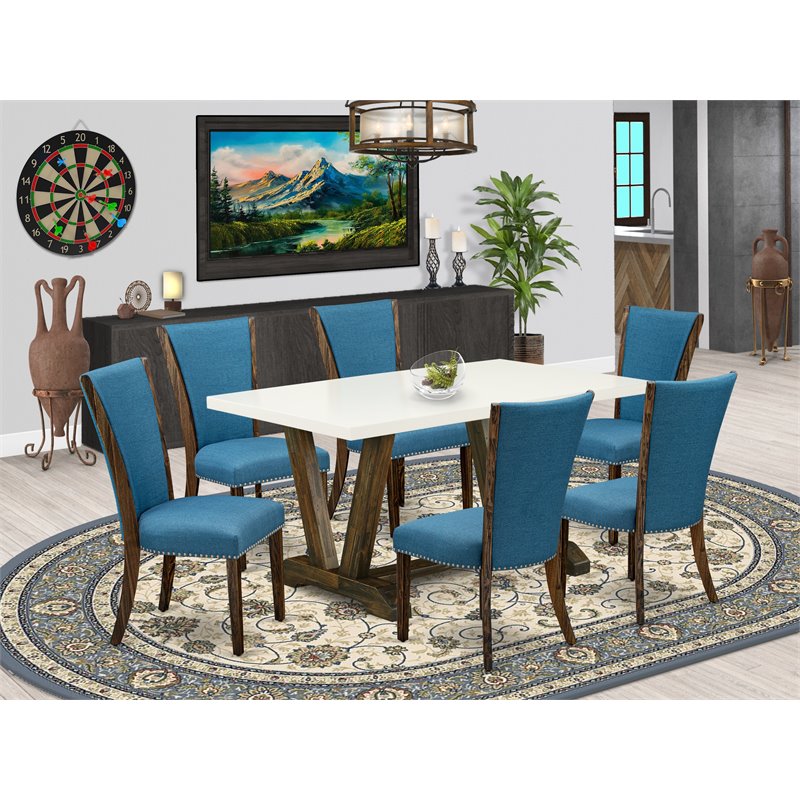 Pemberly Row 7-Piece Wood Dining Set in Linen White/Blue/Jacobean