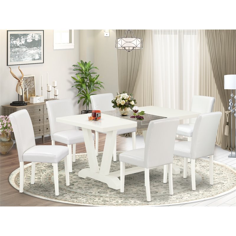 Pemberly Row 7-Piece Wood Kitchen Set with PU Leather Chairs in White