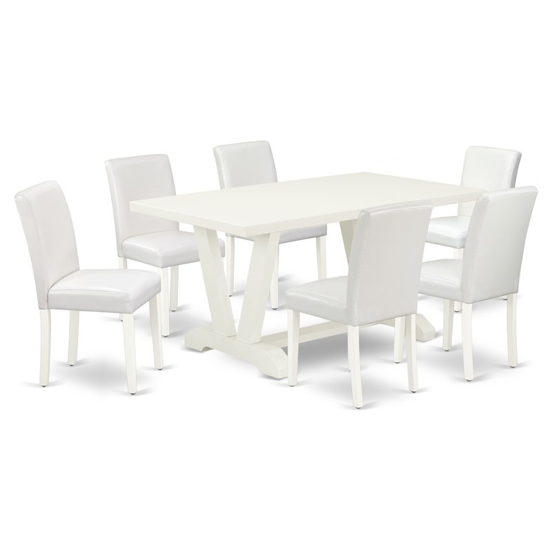 Pemberly Row 7-Piece Wood Kitchen Set with PU Leather Chairs in White