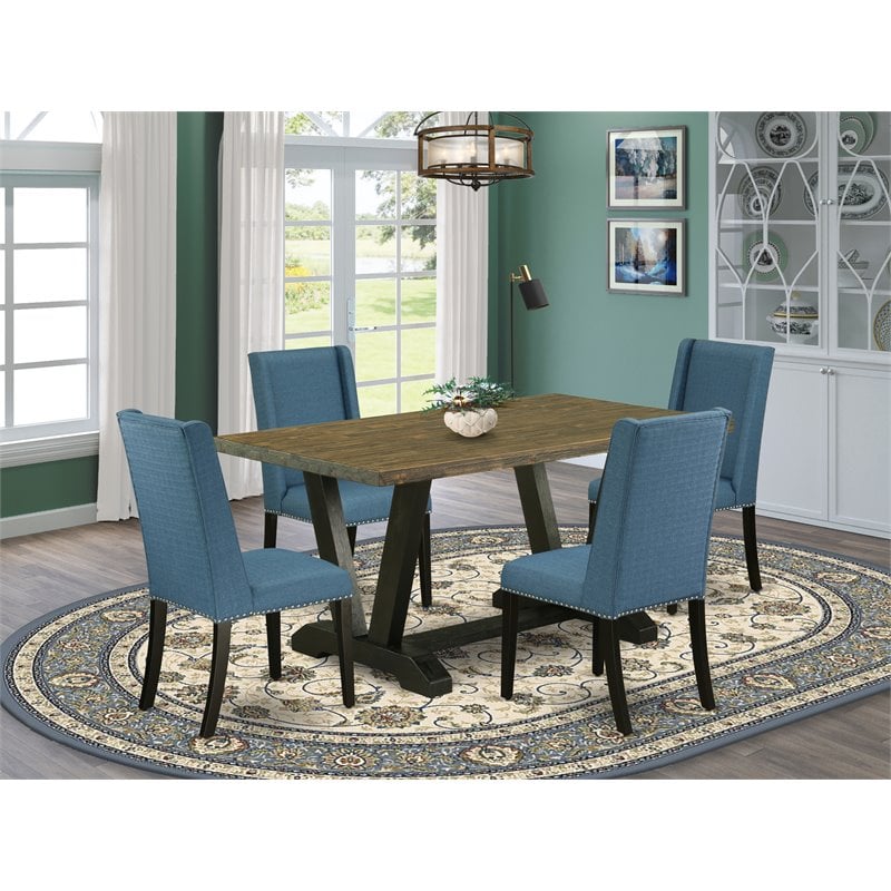 Pemberly Row 5-Piece Dining Set with Blue Chairs and Black Table