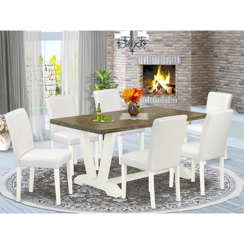 Pemberly Row 7-Piece Wood Dining Set in White and Distressed Jacobean