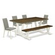 Pemberly Row 6-Piece Wood Dining Set with Bench in Linen White and Shitake