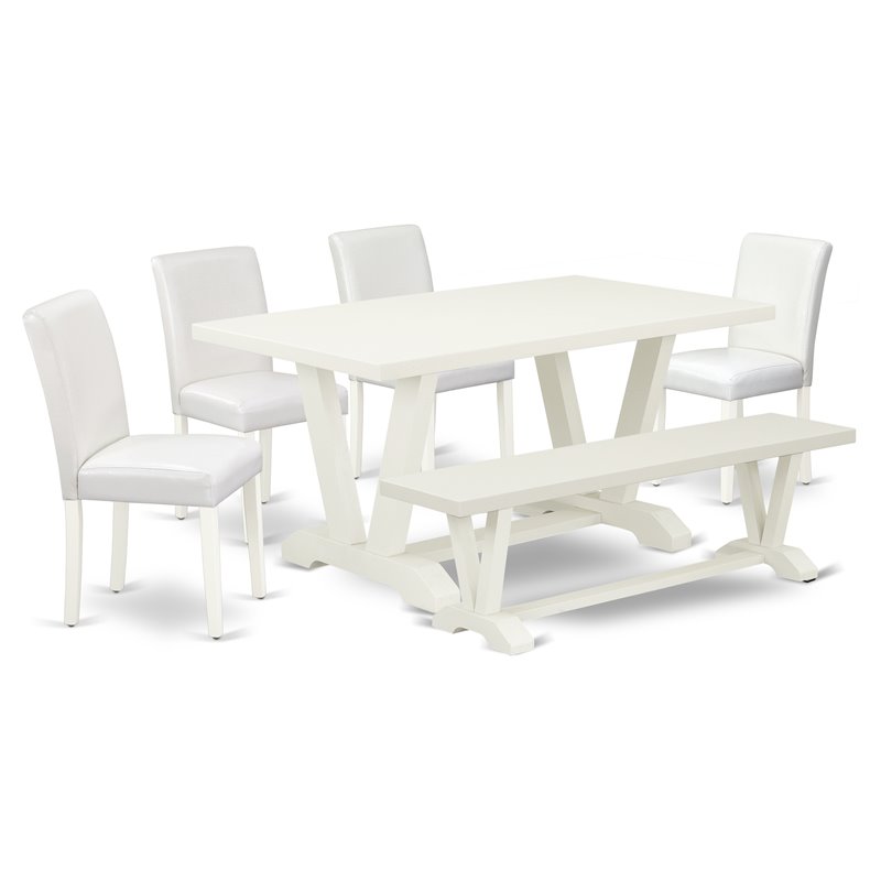 Pemberly Row 6-Piece Wood Dinette Set with Bench in Linen White
