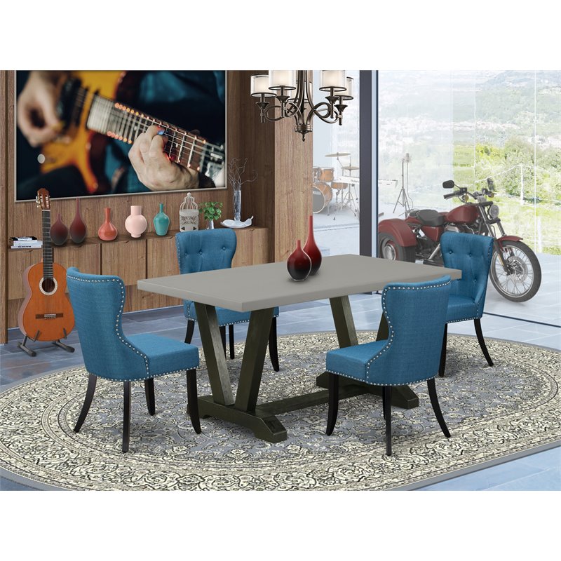 Pemberly Row 5-Piece Wood Dining Table with Tufted Fabric Chairs in Black