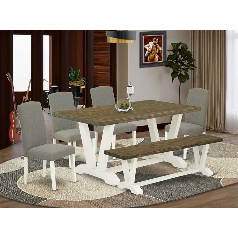 Pemberly Row 6-Piece Wood Dining Set in Linen White & Distressed Jacobean