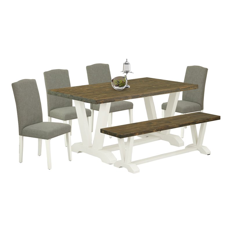 Pemberly Row 6-Piece Wood Dining Set in Linen White & Distressed Jacobean