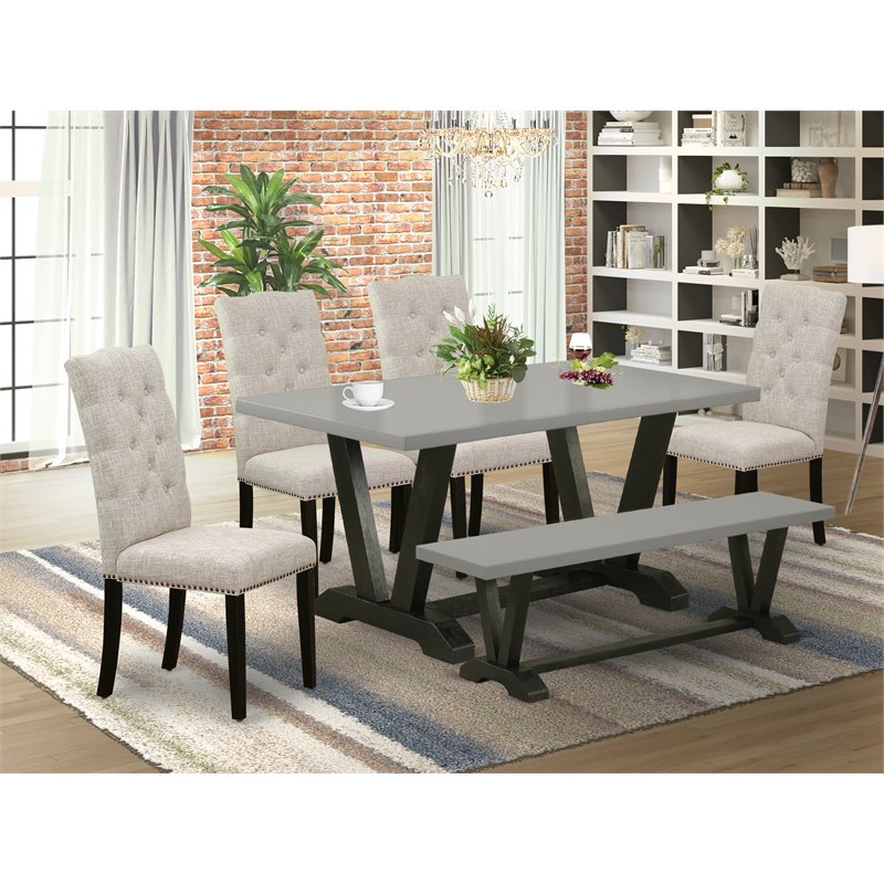 Pemberly Row 6-Pc Wood Dining Set with Cement Bench and Black Table
