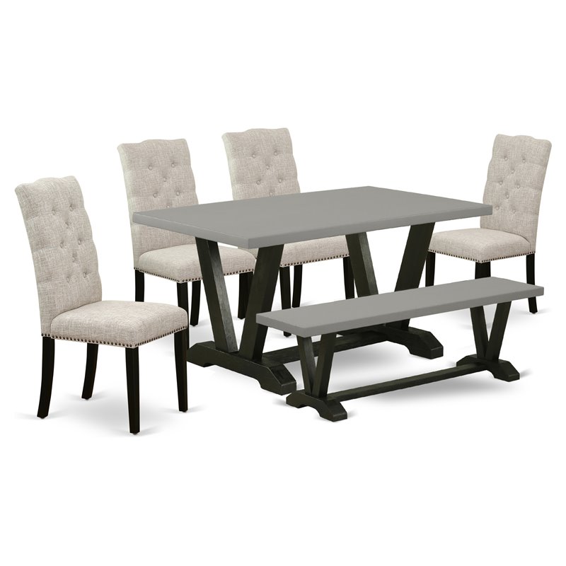 Pemberly Row 6-Pc Wood Dining Set with Cement Bench and Black Table