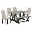 Pemberly Row 6-Pc Wood Dining Set with Cement Bench and Black Table