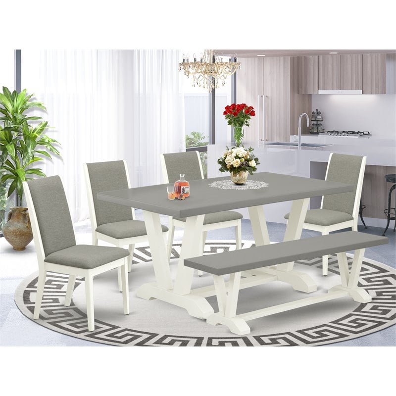 Pemberly Row 6-Piece Wood Dining Table Set with Bench in White/Shitake