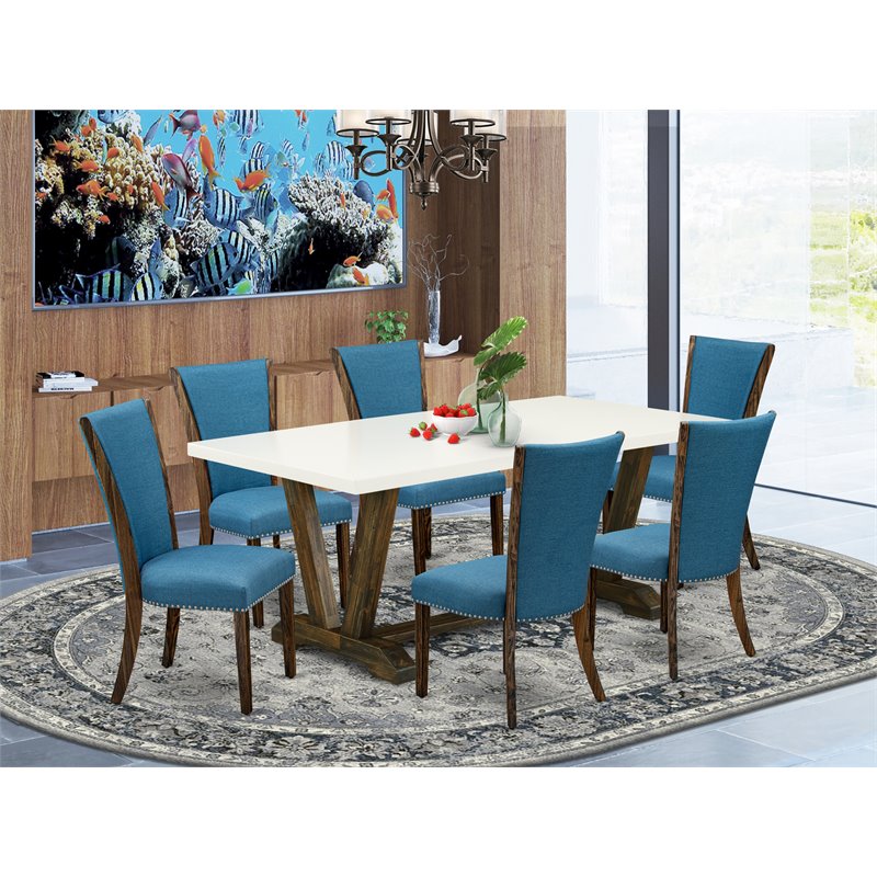 Pemberly Row 7-Piece Wood Dining Set in Linen White and Distressed Jacobean