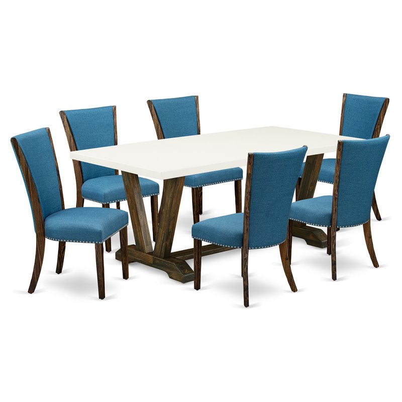 Pemberly Row 7-Piece Wood Dining Set in Linen White and Distressed Jacobean