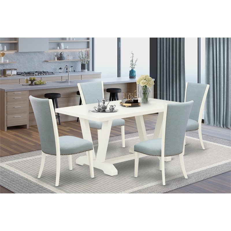 Pemberly Row 5-Pc Dining Set with Linen White Table & Baby Blue Chairs