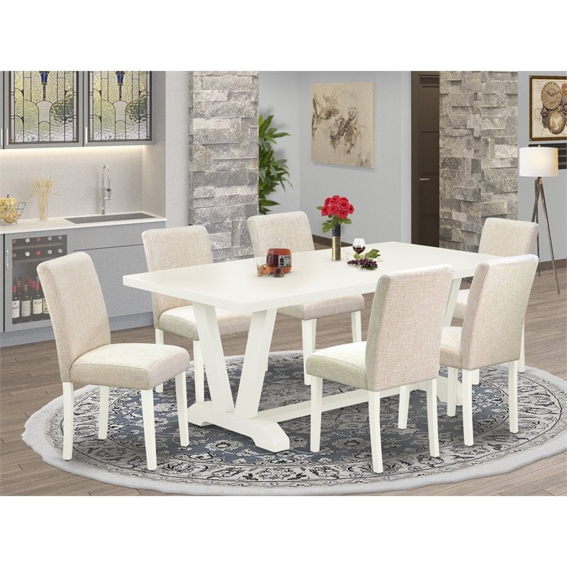 Pemberly Row 7-Piece Wood Dining Set with Light Beige Fabric Chairs