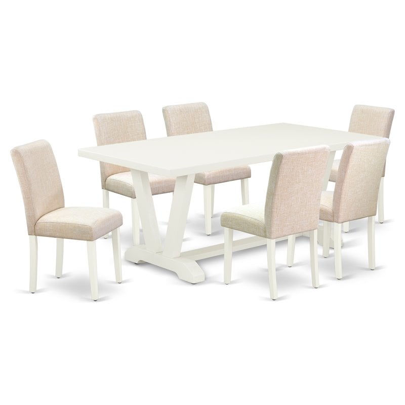 Pemberly Row 7-Piece Wood Dining Set with Light Beige Fabric Chairs
