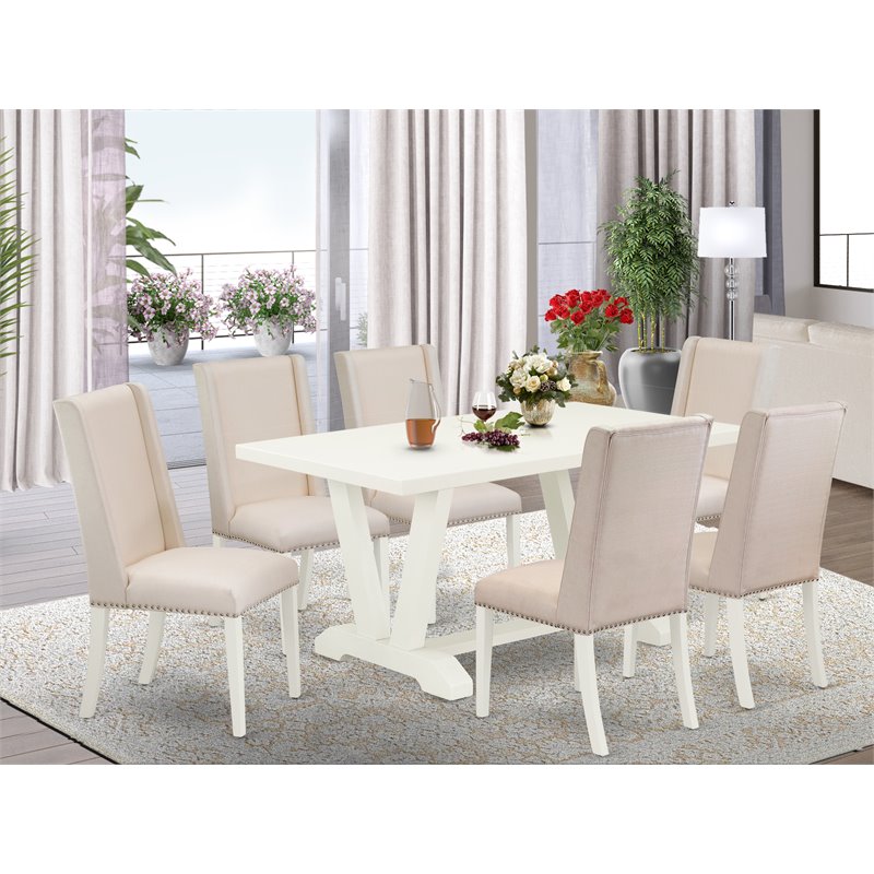 Pemberly Row 7-Pc Wood Dining Table Set with Linen Upholstery in Cream