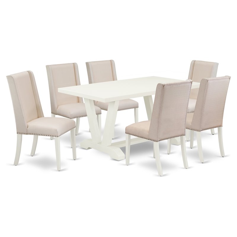 Pemberly Row 7-Pc Wood Dining Table Set with Linen Upholstery in Cream