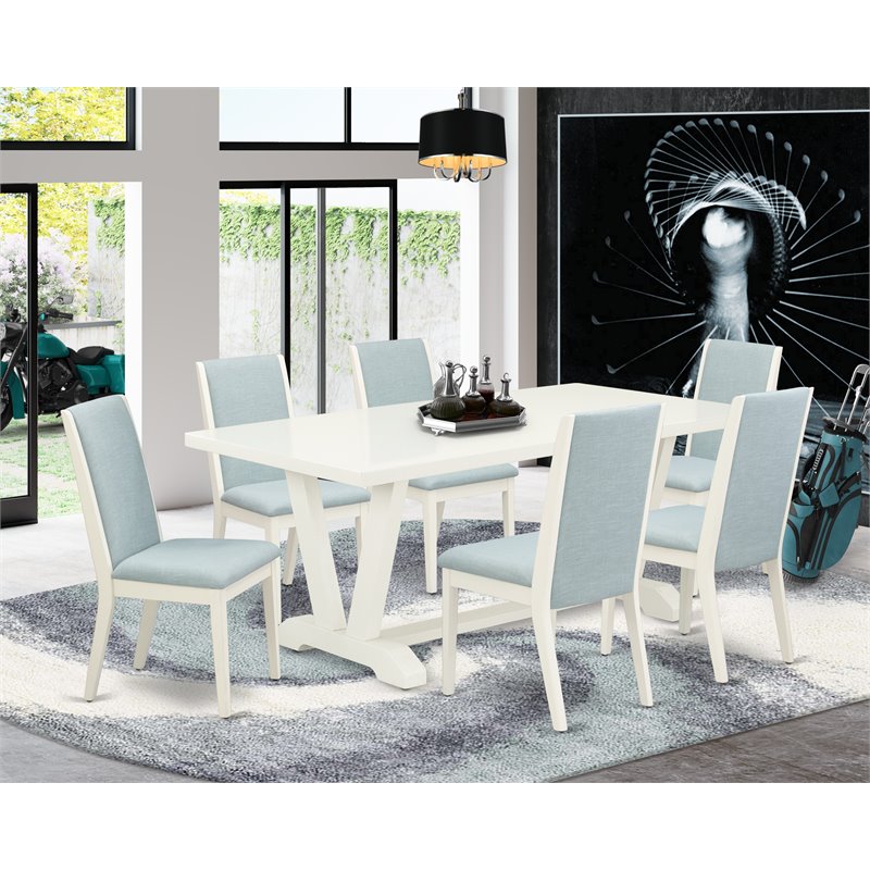 Pemberly Row 7-Piece Wood Dining Room Set in Linen White & Baby Blue