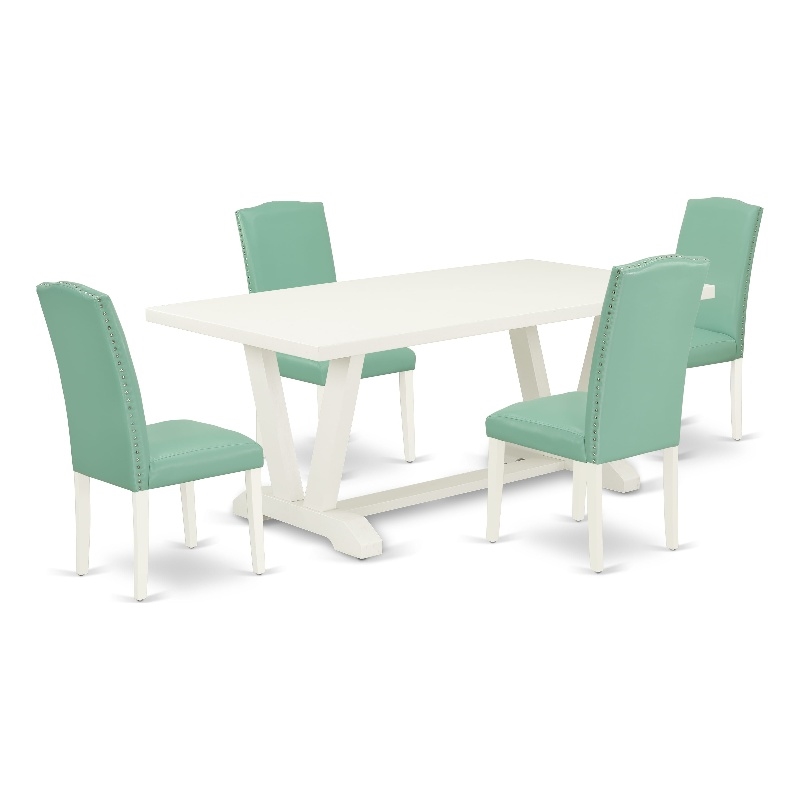 Pemberly Row 5-Piece Dining Set with White Finish and Pond PU Chairs