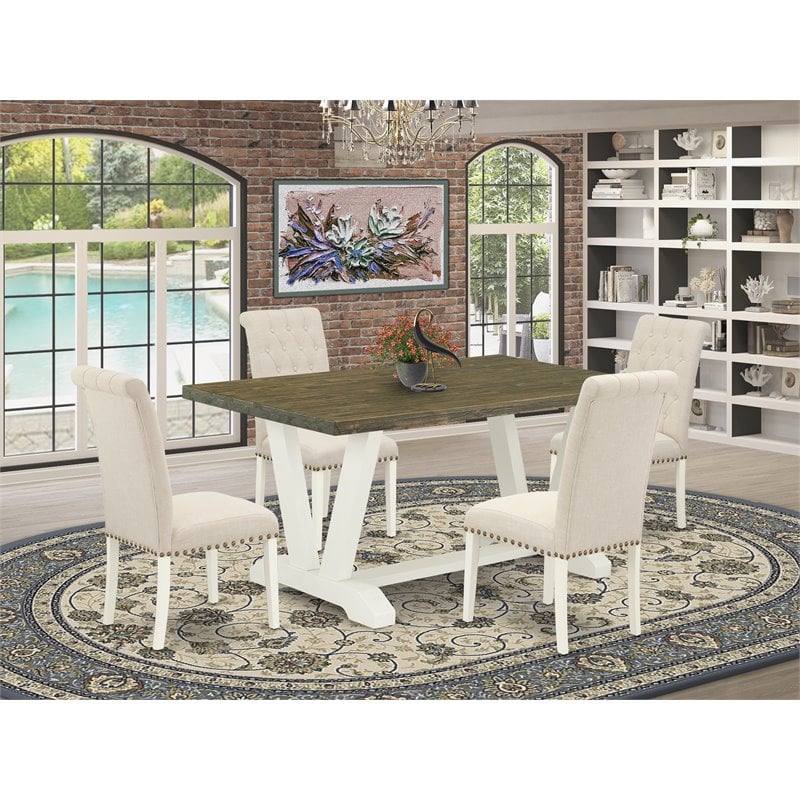 Pemberly Row 5-Piece Dining Set with Wood Table in Linen White