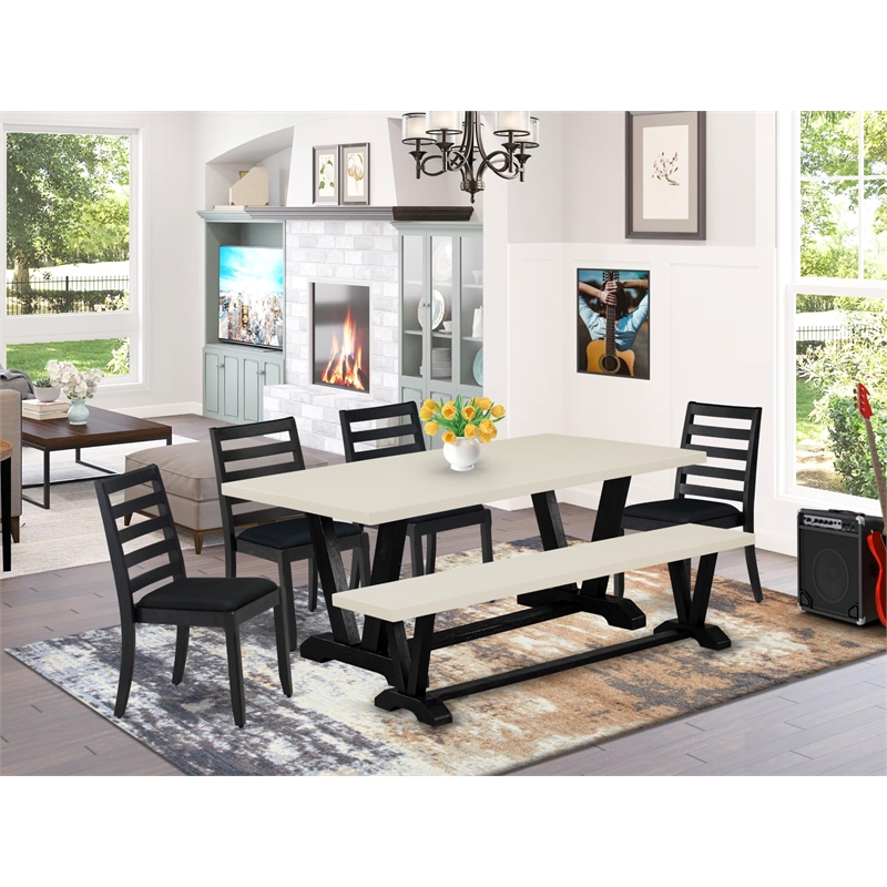 Pemberly Row 6-Piece Dining Table Set with Rubberwood in Linen White