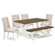 Pemberly Row 6-Piece Asian Wood Dining Set with Bench in Linen White