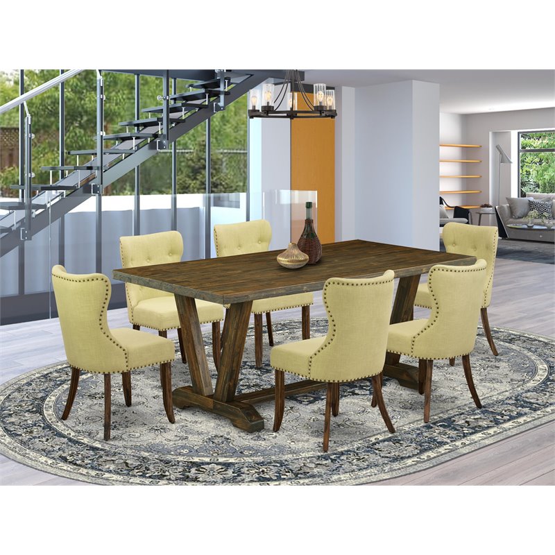 Pemberly Row 7-Piece Wood Dining Set with Fabric Seats in Distressed Brown