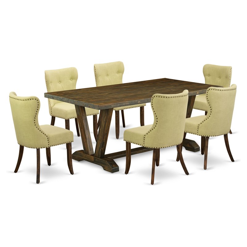 Pemberly Row 7-Piece Wood Dining Set with Fabric Seats in Distressed Brown