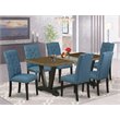 Pemberly Row 7-Piece Dining Set with Fabric Seats in Black and Mineral Blue