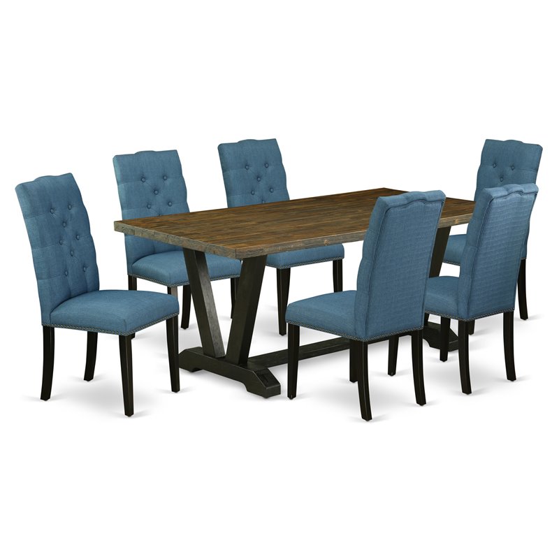 Pemberly Row 7-Piece Dining Set with Fabric Seats in Black and Mineral Blue