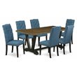 Pemberly Row 7-Piece Dining Set with Fabric Seats in Black and Mineral Blue