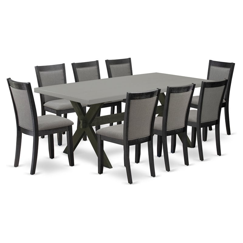 Pemberly Row 9-Piece Wood Dining Set with Cement Top and Gray Upholstery