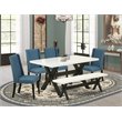 Pemberly Row 6-Piece Dinette Set with Blue Upholstered Chairs and Bench