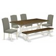 Pemberly Row 6-Pc Wood Dining Set with Bench in Linen White / Dark Shitake