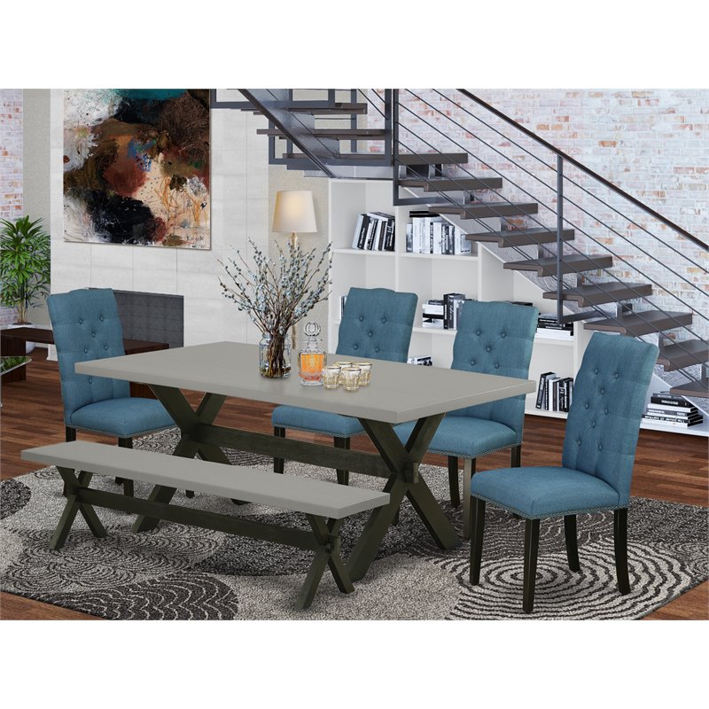 Pemberly Row 6-Piece Dining Set w/ Cement Tabletop in Wire Brushed Black